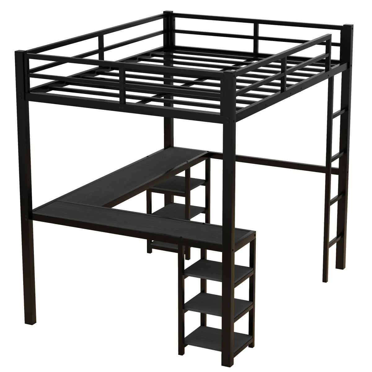 All metal loft bed with desk and shelf, loft bed with ladder and guardrail, black with black desk - Qreatrz Fashion and Design LLC