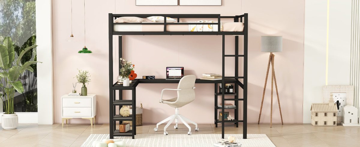 All metal loft bed with desk and shelf, loft bed with ladder and guardrail, black with black desk - Qreatrz Fashion and Design LLC