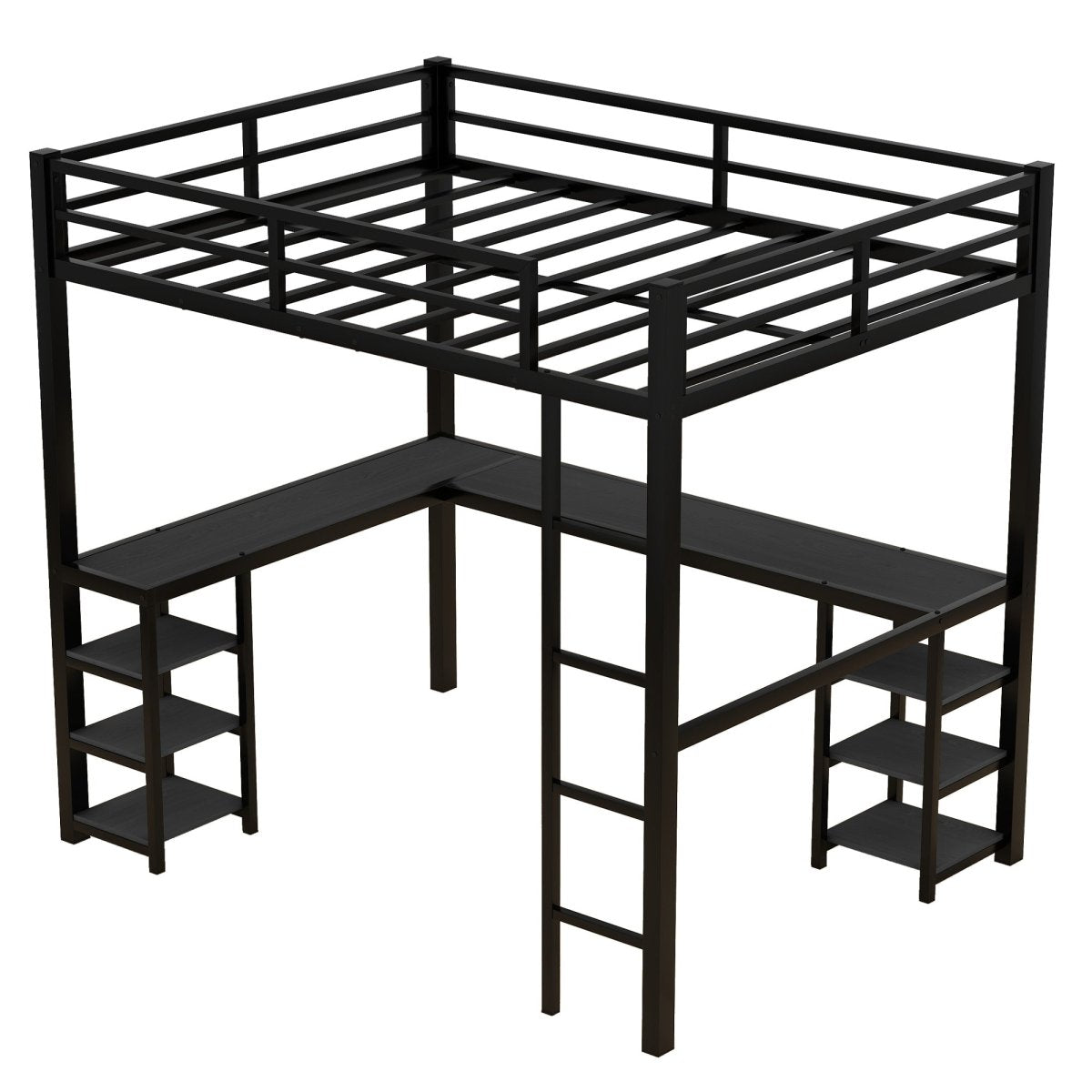 All metal loft bed with desk and shelf, loft bed with ladder and guardrail, black with black desk - Qreatrz Fashion and Design LLC