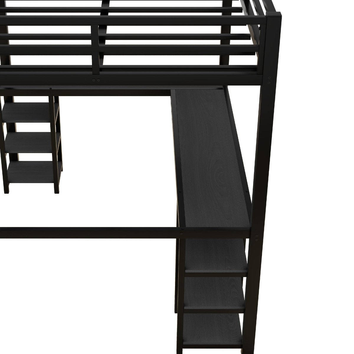 All metal loft bed with desk and shelf, loft bed with ladder and guardrail, black with black desk - Qreatrz Fashion and Design LLC