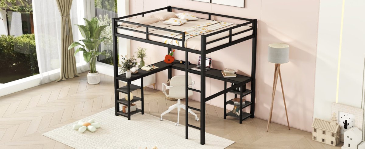 All metal loft bed with desk and shelf, loft bed with ladder and guardrail, black with black desk - Qreatrz Fashion and Design LLC