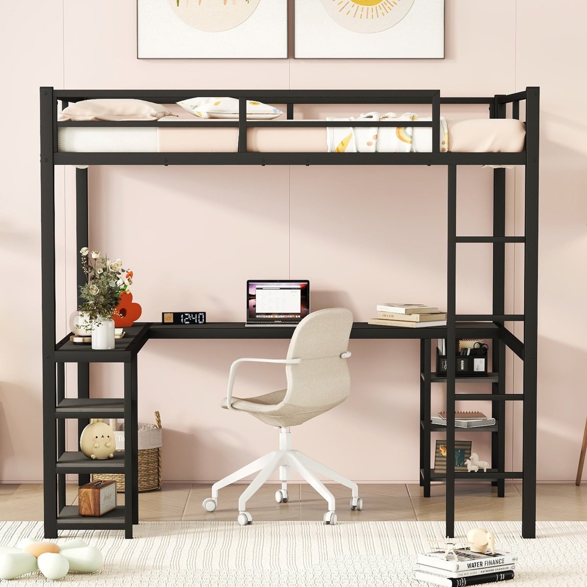 All metal loft bed with desk and shelf, loft bed with ladder and guardrail, black with black desk - Qreatrz Fashion and Design LLC