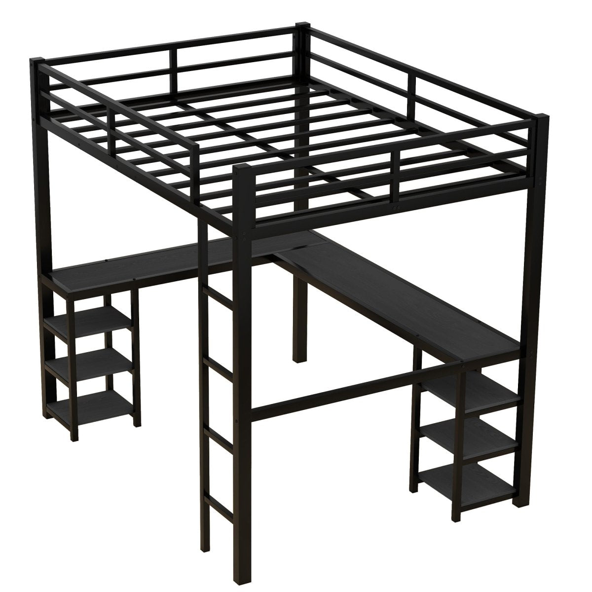 All metal loft bed with desk and shelf, loft bed with ladder and guardrail, black with black desk - Qreatrz Fashion and Design LLC