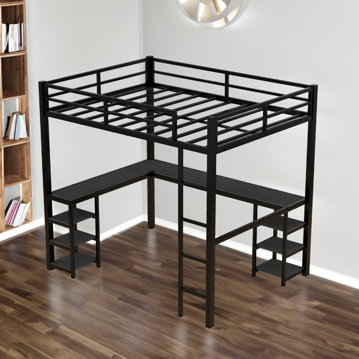 All metal loft bed with desk and shelf, loft bed with ladder and guardrail, black with black desk - Qreatrz Fashion and Design LLC