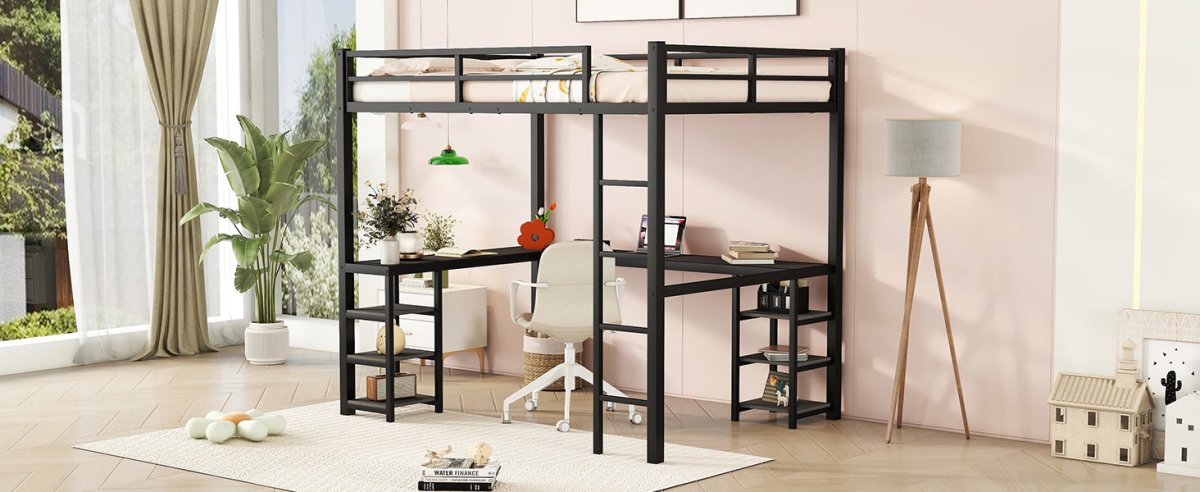 All metal loft bed with desk and shelf, loft bed with ladder and guardrail, black with black desk - Qreatrz Fashion and Design LLC