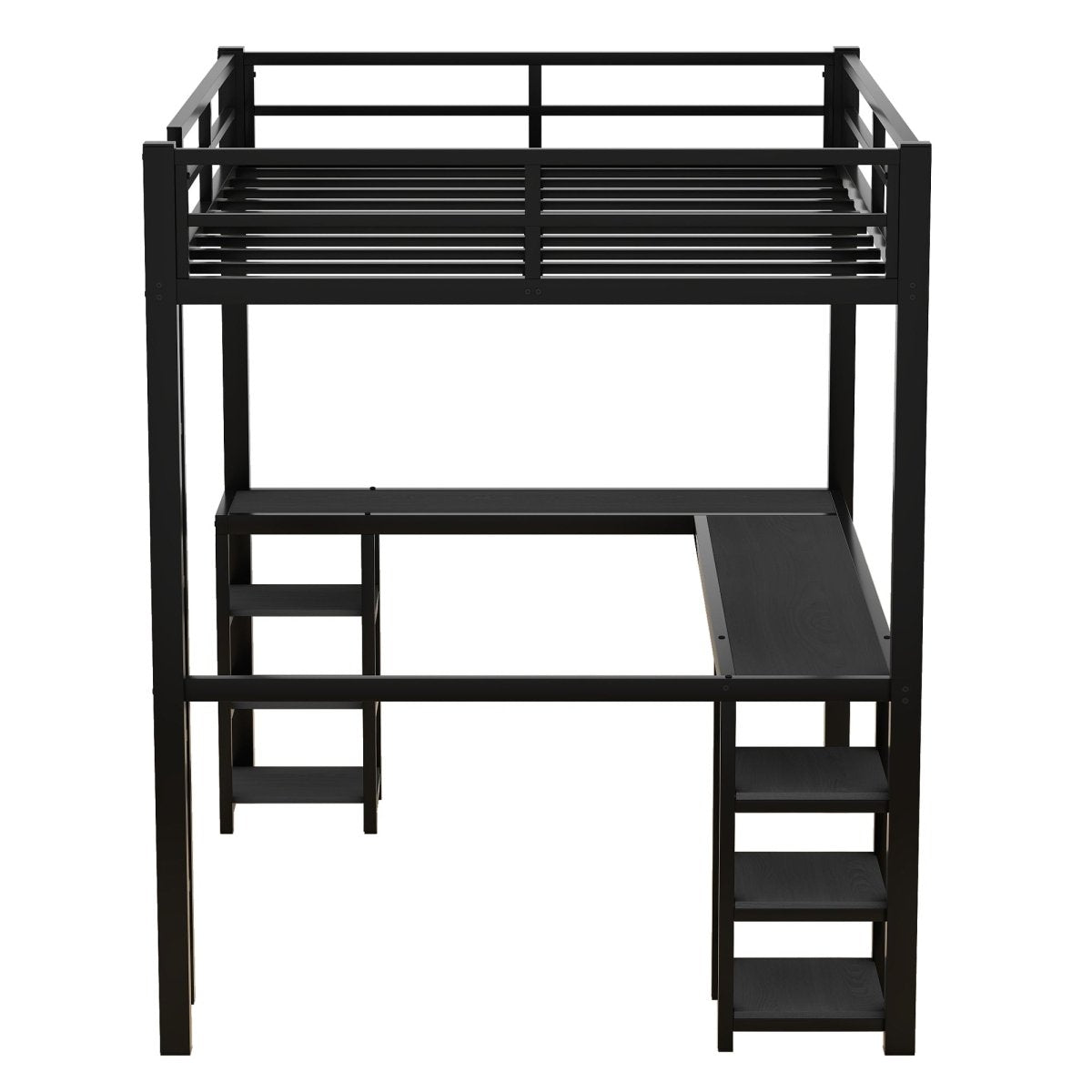 All metal loft bed with desk and shelf, loft bed with ladder and guardrail, black with black desk - Qreatrz Fashion and Design LLC