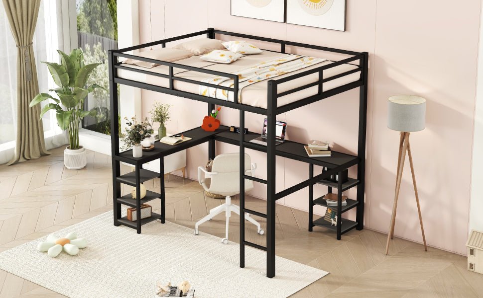 All metal loft bed with desk and shelf, loft bed with ladder and guardrail, black with black desk - Qreatrz Fashion and Design LLC