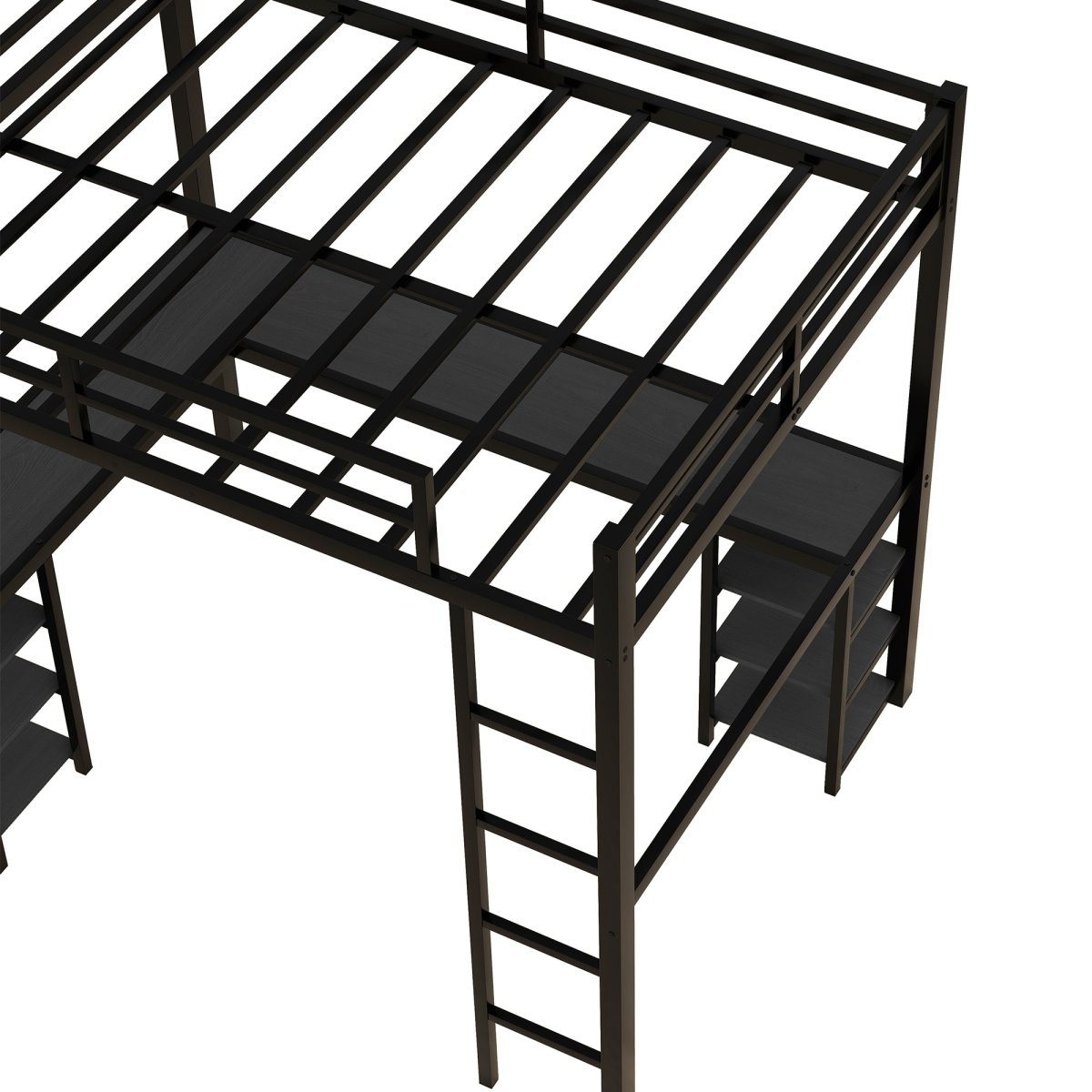 All metal loft bed with desk and shelf, loft bed with ladder and guardrail, black with black desk - Qreatrz Fashion and Design LLC