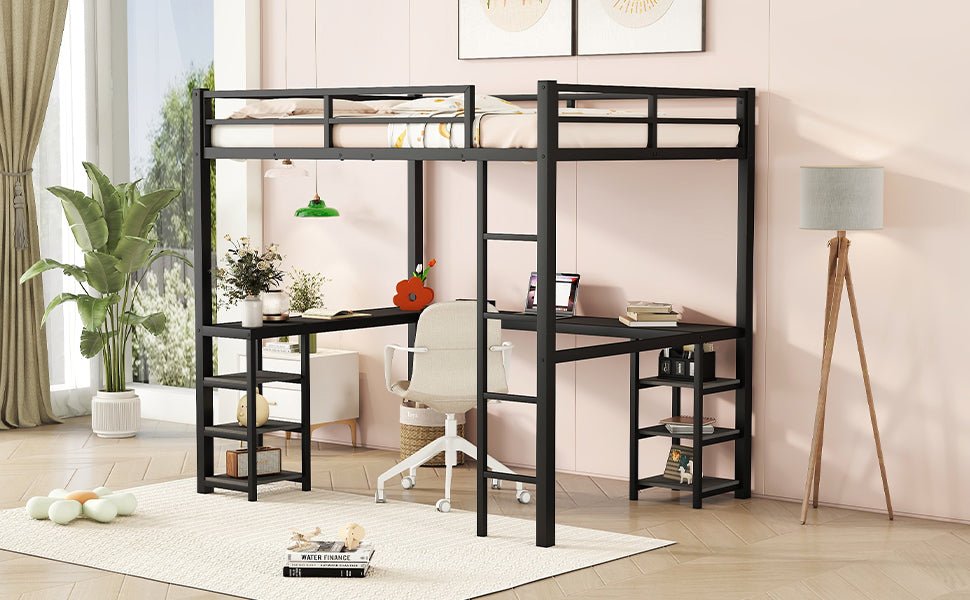 All metal loft bed with desk and shelf, loft bed with ladder and guardrail, black with black desk - Qreatrz Fashion and Design LLC