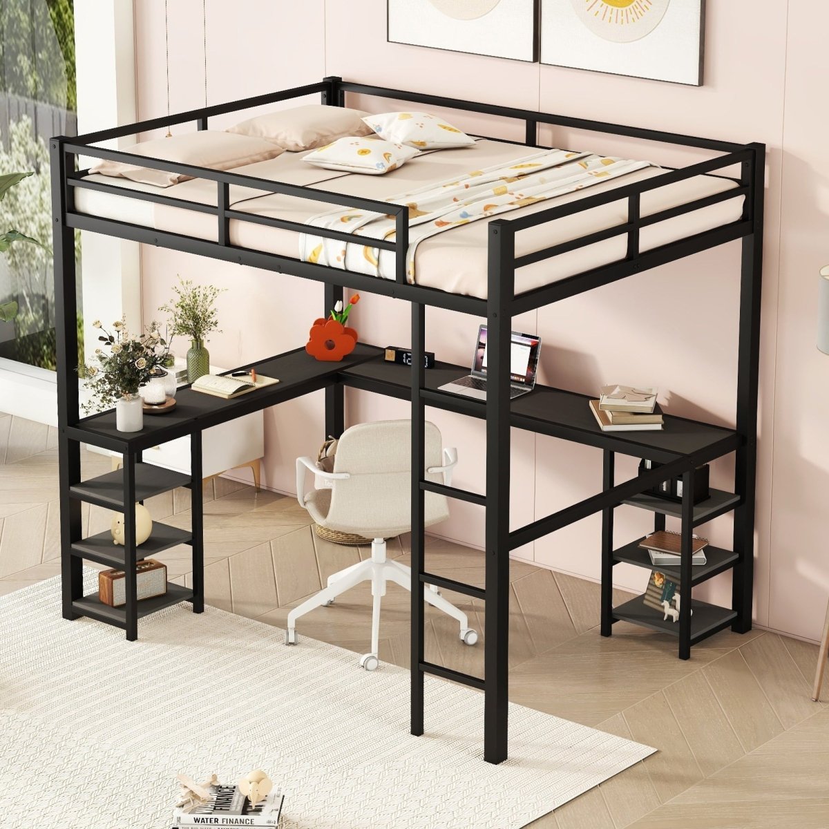 All metal loft bed with desk and shelf, loft bed with ladder and guardrail, black with black desk - Qreatrz Fashion and Design LLC