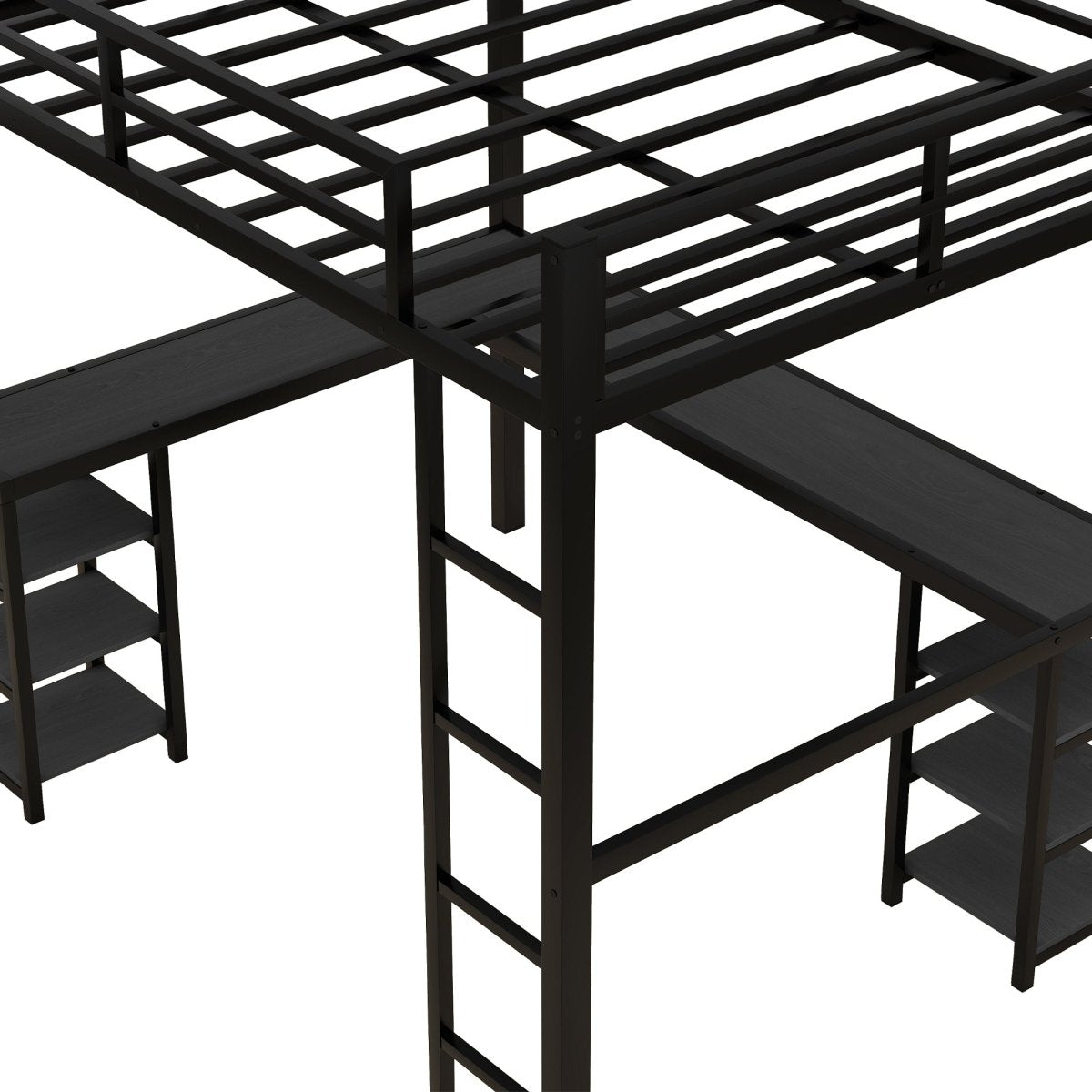 All metal loft bed with desk and shelf, loft bed with ladder and guardrail, black with black desk - Qreatrz Fashion and Design LLC