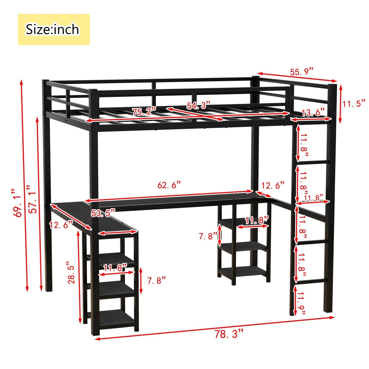 All metal loft bed with desk and shelf, loft bed with ladder and guardrail, black with black desk - Qreatrz Fashion and Design LLC