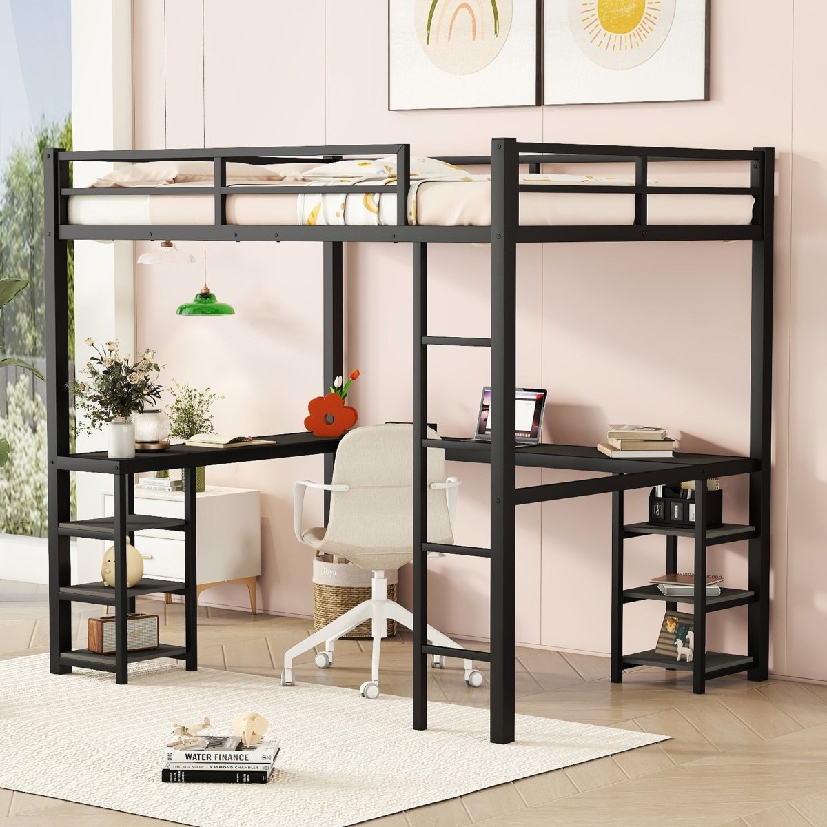 All metal loft bed with desk and shelf, loft bed with ladder and guardrail, black with black desk - Qreatrz Fashion and Design LLC