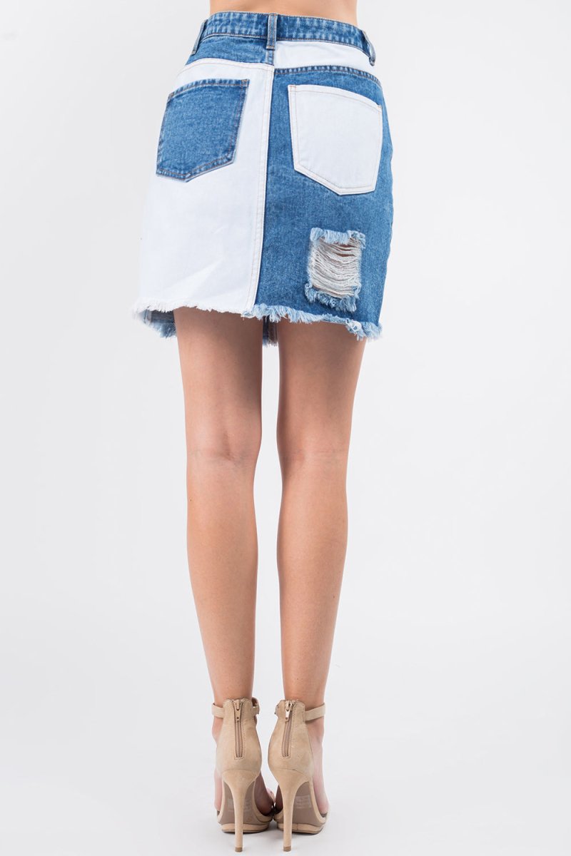 American Bazi Contrast Patched Frayed Denim Distressed Skirts - Qreatrz Fashion and Design LLC