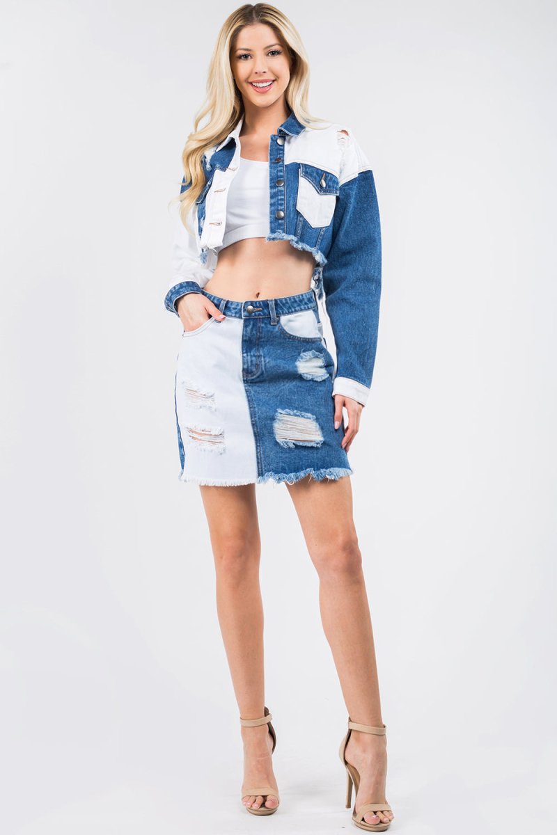 American Bazi Contrast Patched Frayed Denim Distressed Skirts - Qreatrz Fashion and Design LLC