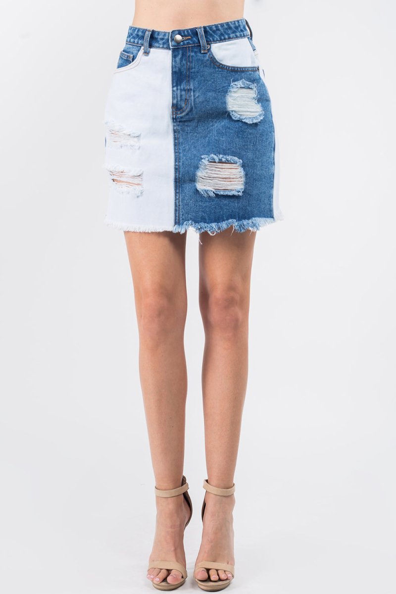 American Bazi Contrast Patched Frayed Denim Distressed Skirts - Qreatrz Fashion and Design LLC