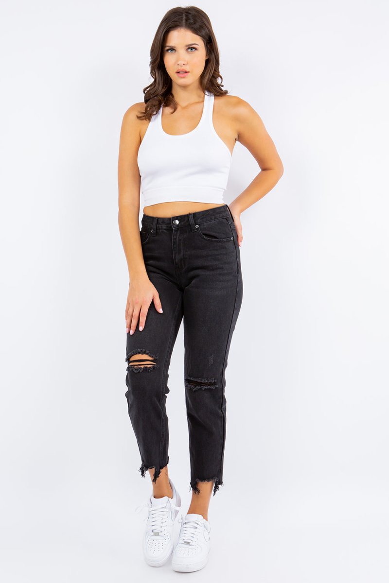 American Bazi High Waist Distressed Cropped Straight Jeans - Qreatrz Fashion and Design LLC