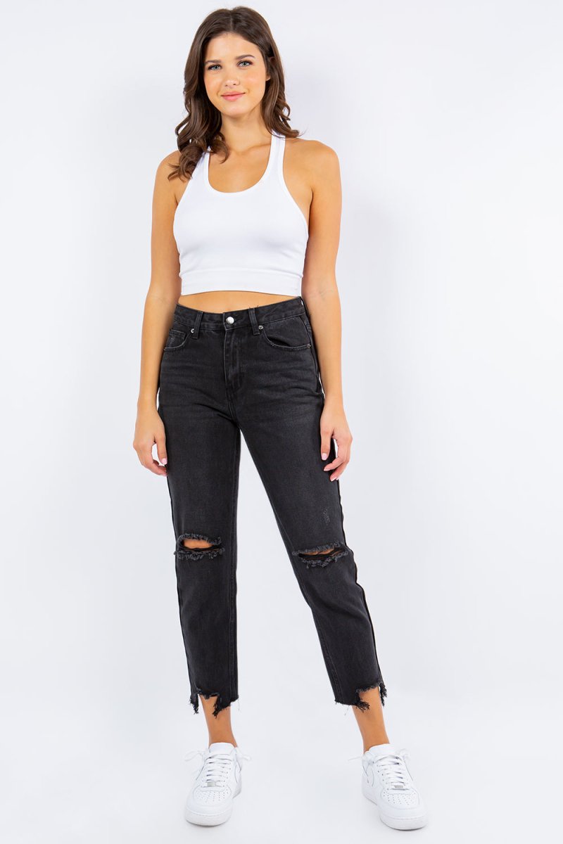 American Bazi High Waist Distressed Cropped Straight Jeans - Qreatrz Fashion and Design LLC