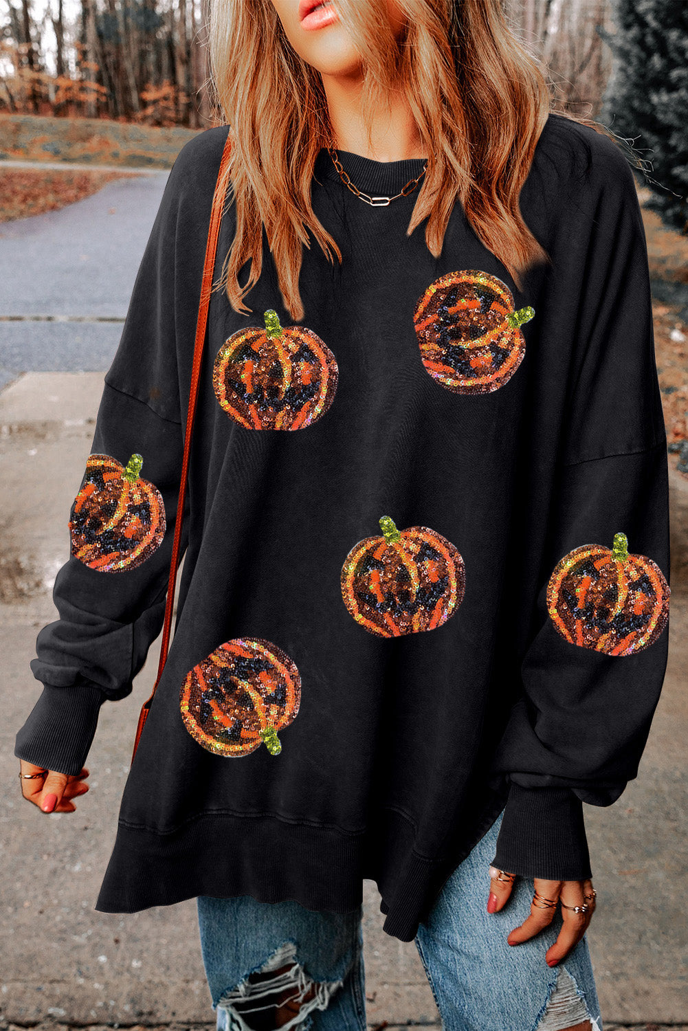 Sudadera con hombros caídos y estampado de calabaza