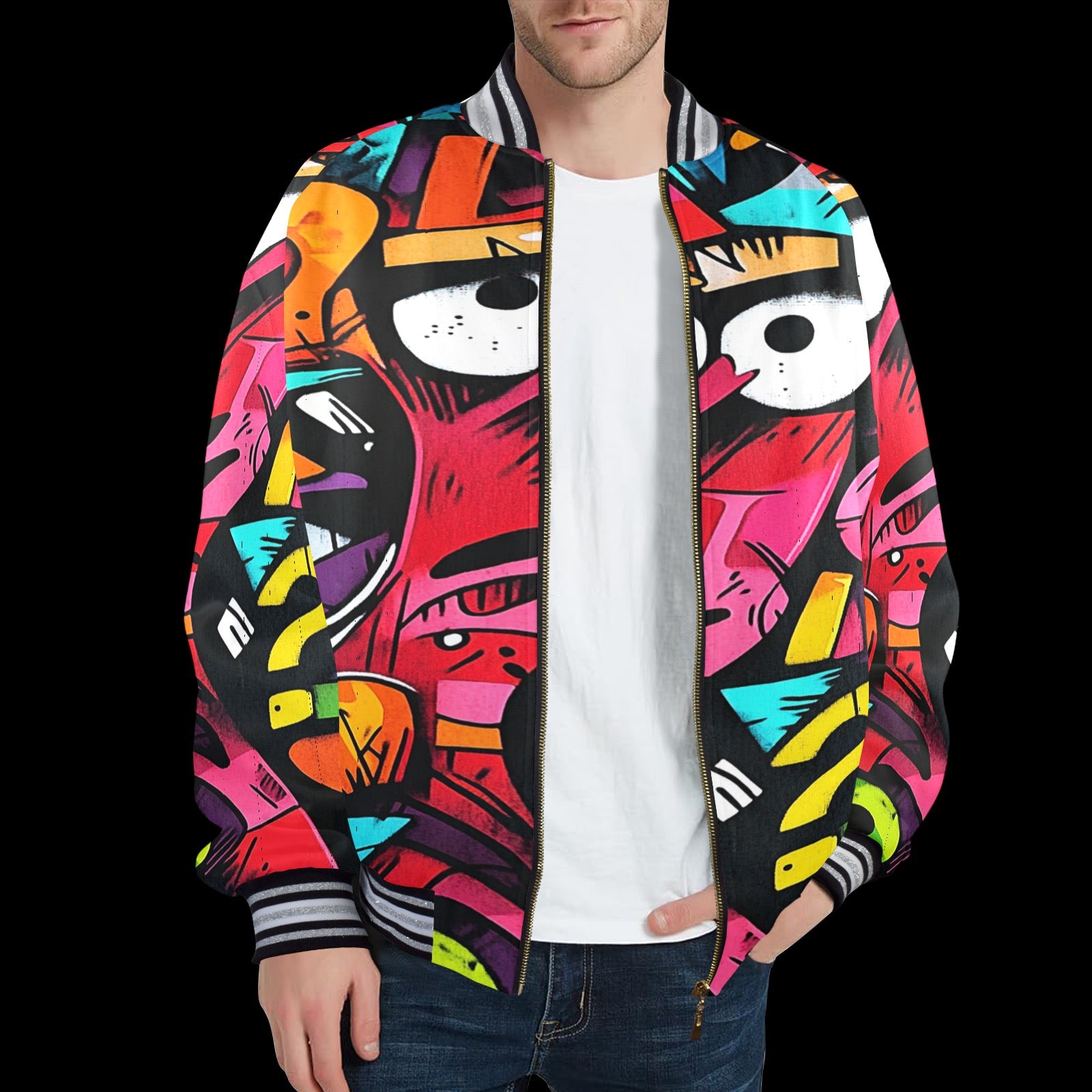 Qreatrz Graffiti Print Men's Striped Trim Bomber Jacket