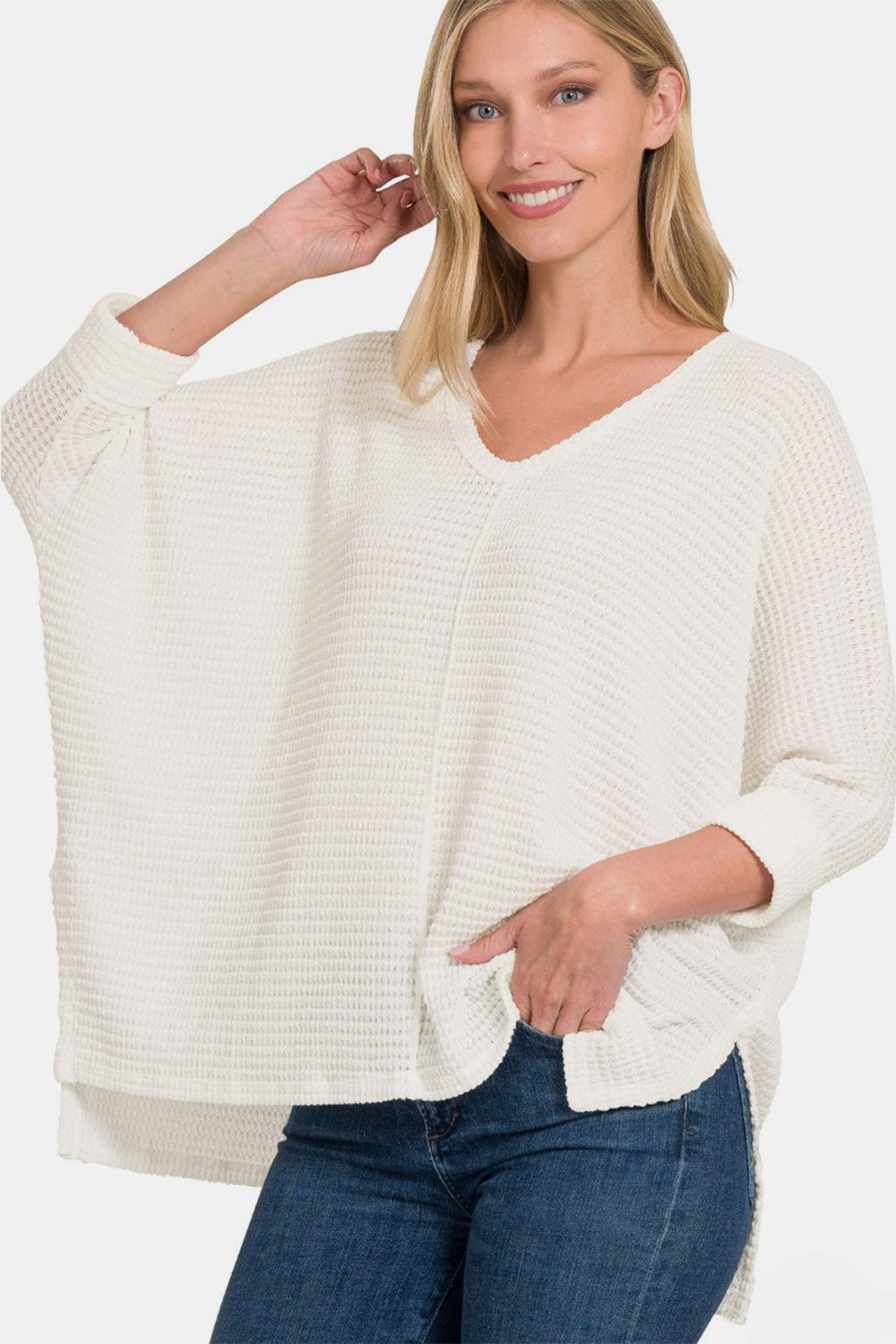 Blusa de punto con abertura alta y cuello redondo de talla grande Zenana