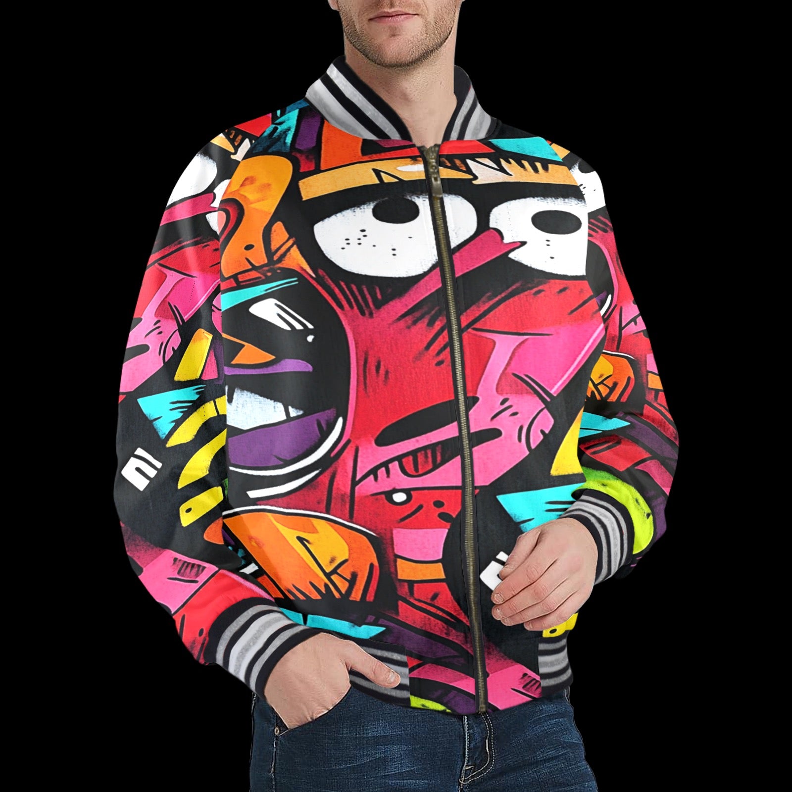 Qreatrz Graffiti Print Men's Striped Trim Bomber Jacket