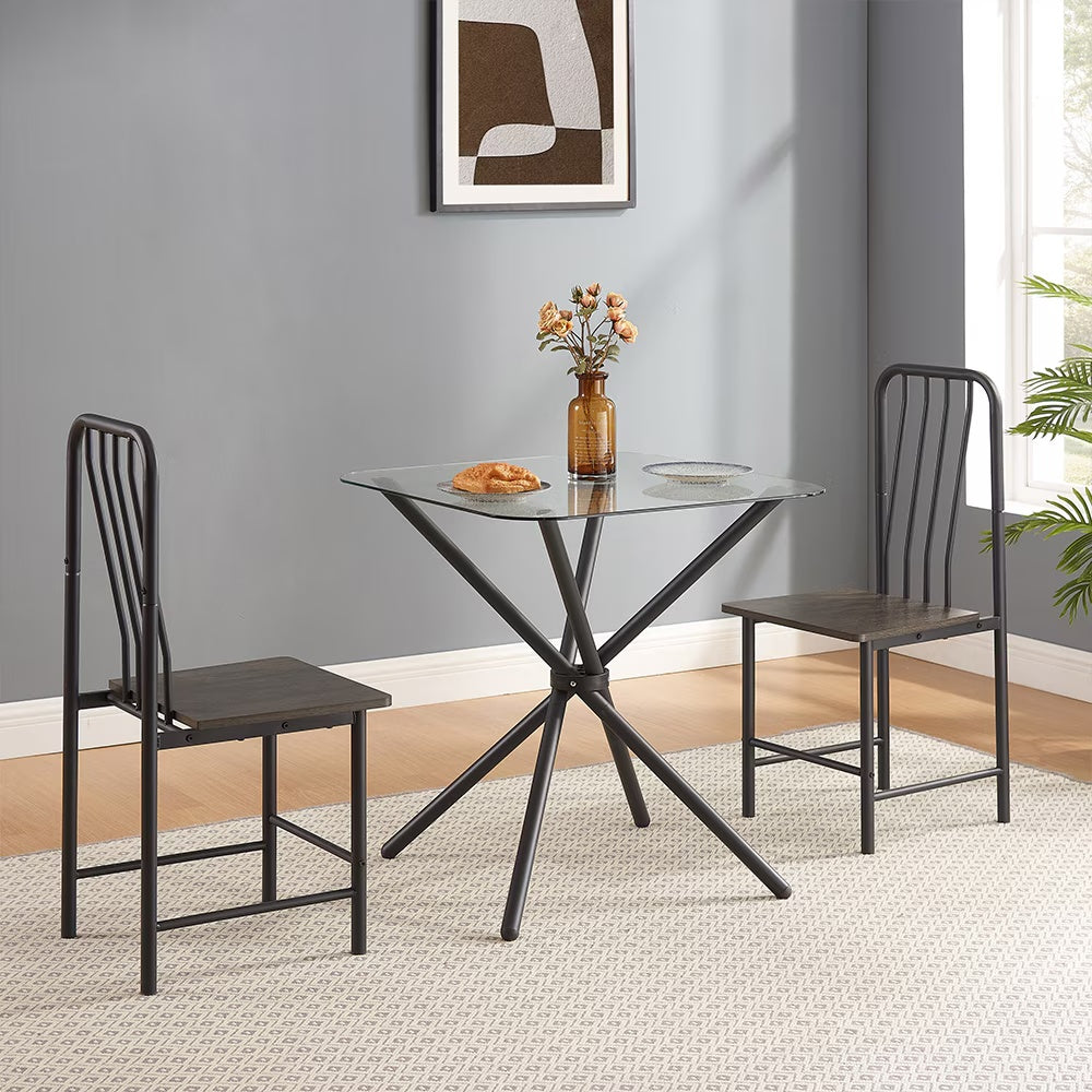 Dining Set For 2, Square Glass Tempered Dining Table With 4 Legs And 2 Metal Chair