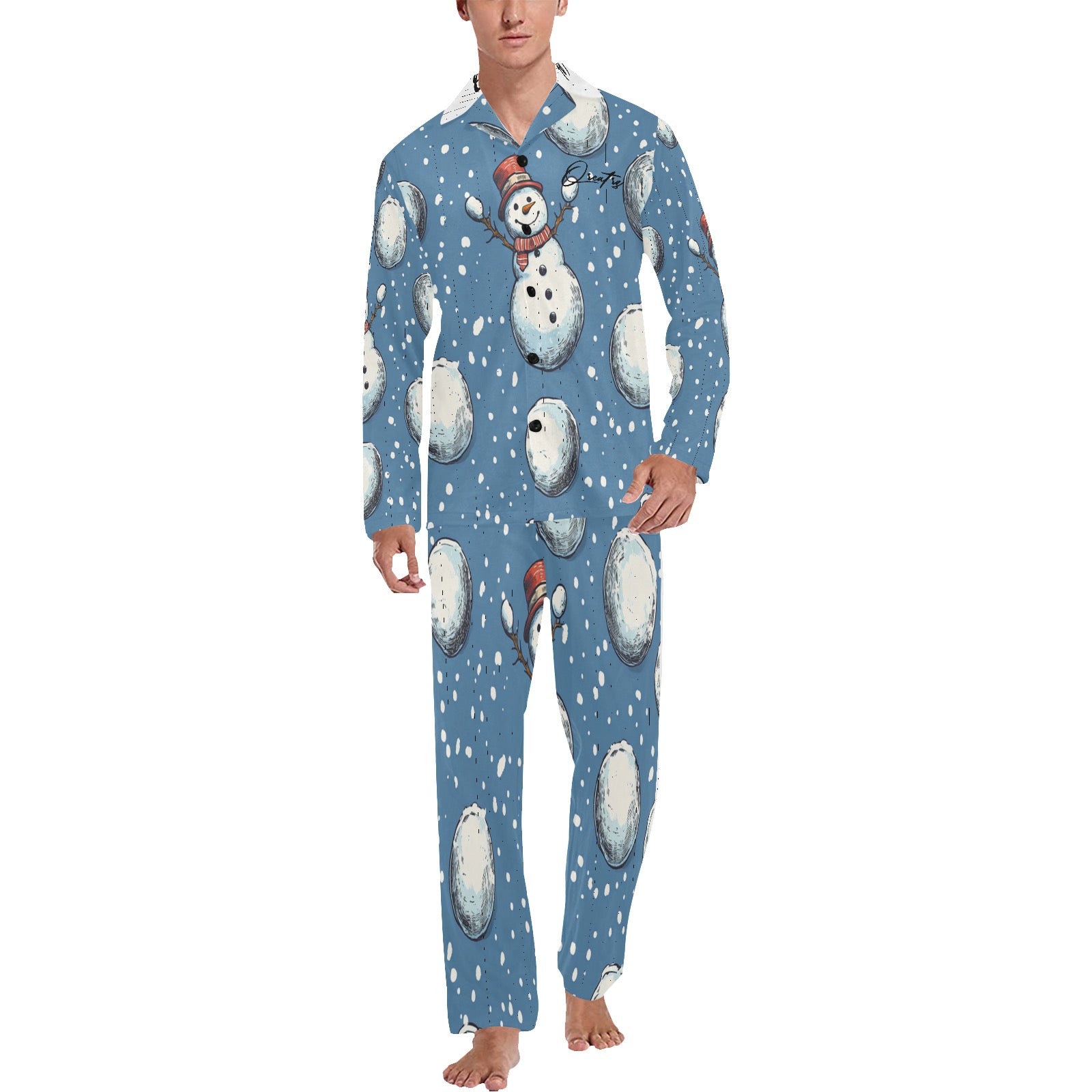 QREATRZ Snow Time Men's V-Neck Long Pajama Set