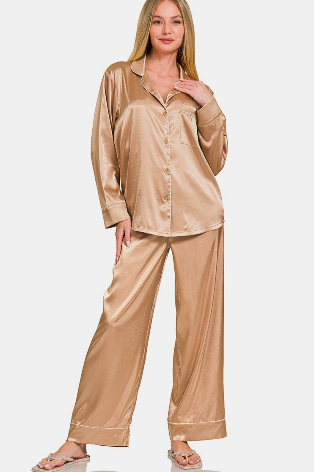 Ensemble pyjama chemise à manches longues et pantalon en satin Zenana