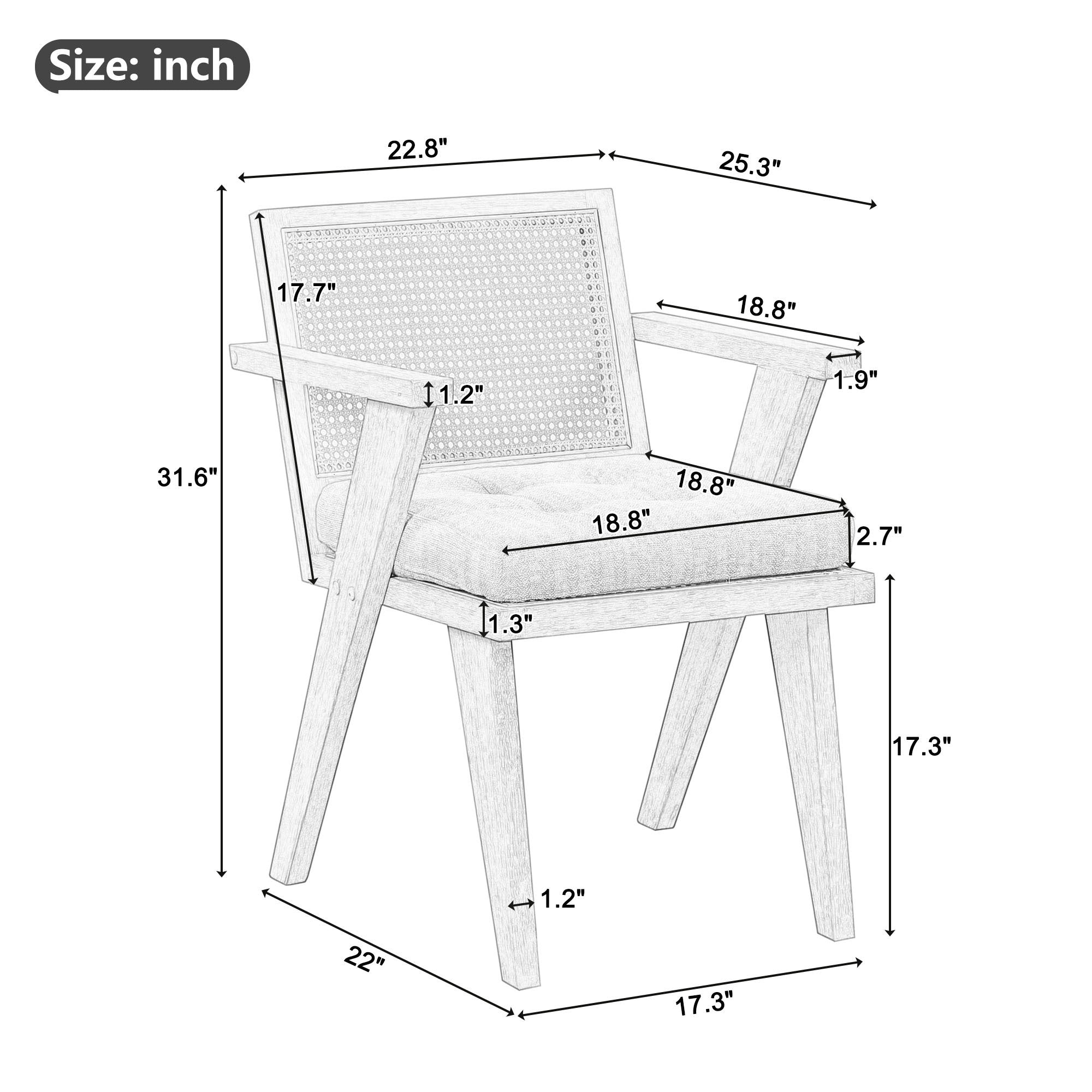 Mid-Century Accent Chair With Handcrafted Rattan Backrest and Padded