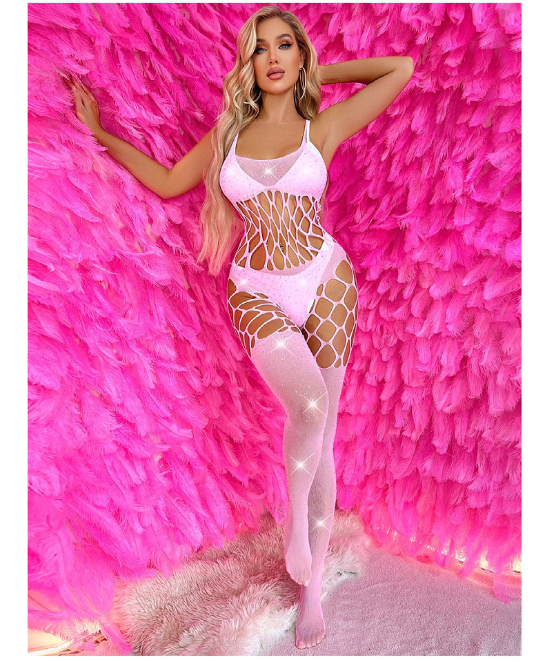 Sexy Hollow Hook Mesh  Hot Rhinestone One-piece Sexy Lingerie