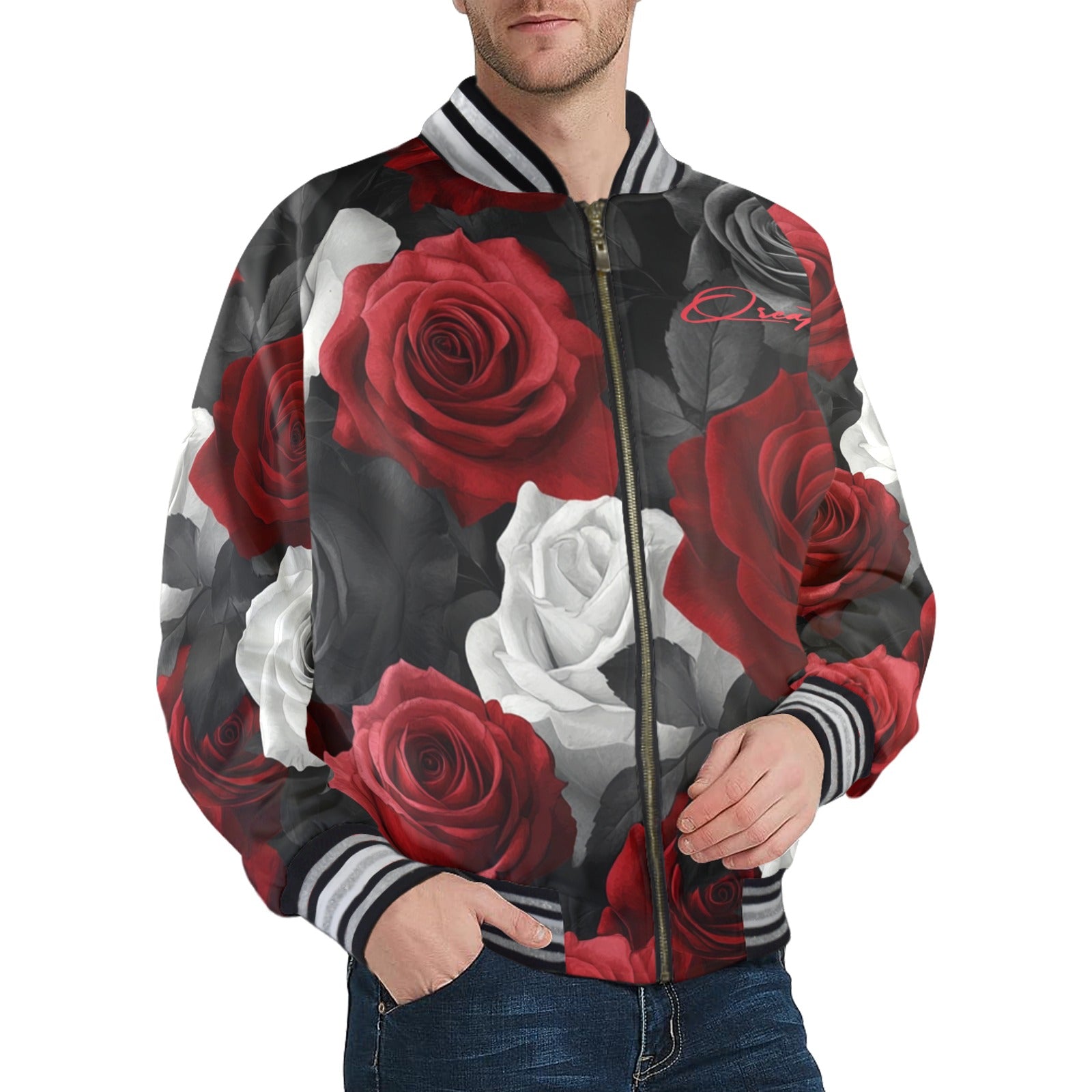 QREATRZ Roses Men's Limited Edition Striped Trim Bomber Jacket