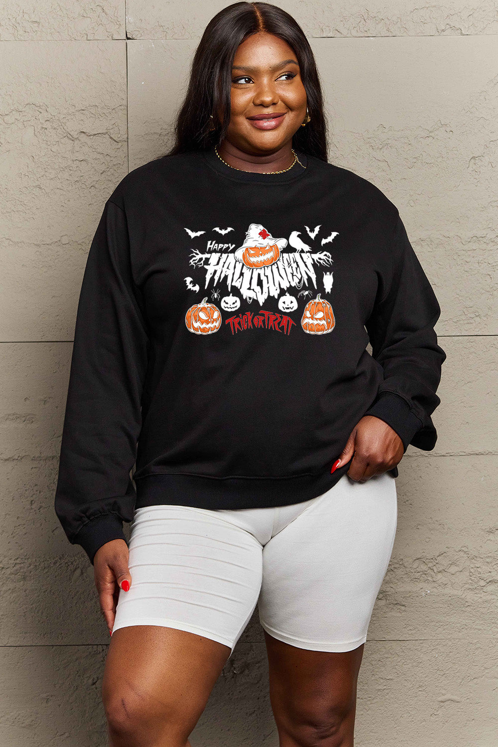 Simply Love Full Size HAPPY HALLOWEEN TRICK OR TREAT Graphic Sweatshirt