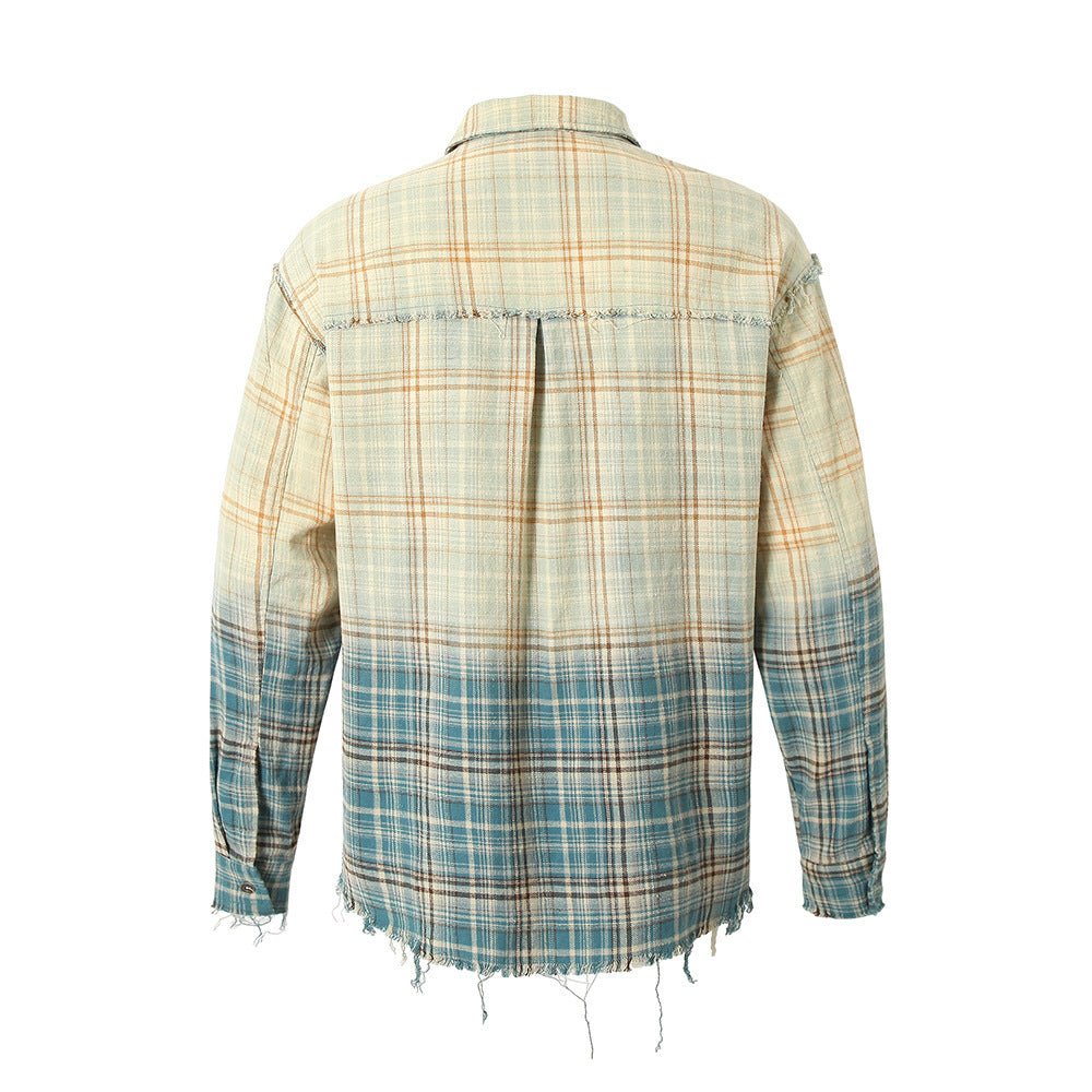 Gradient Tie-dye Plaid Long-sleeved Shirt Men