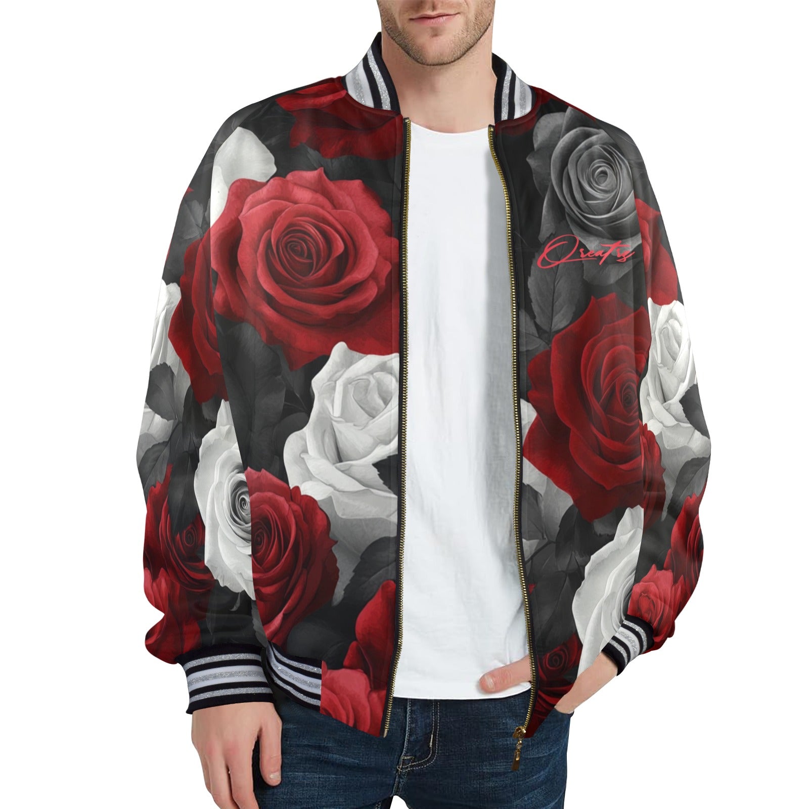 QREATRZ Roses Men's Limited Edition Striped Trim Bomber Jacket