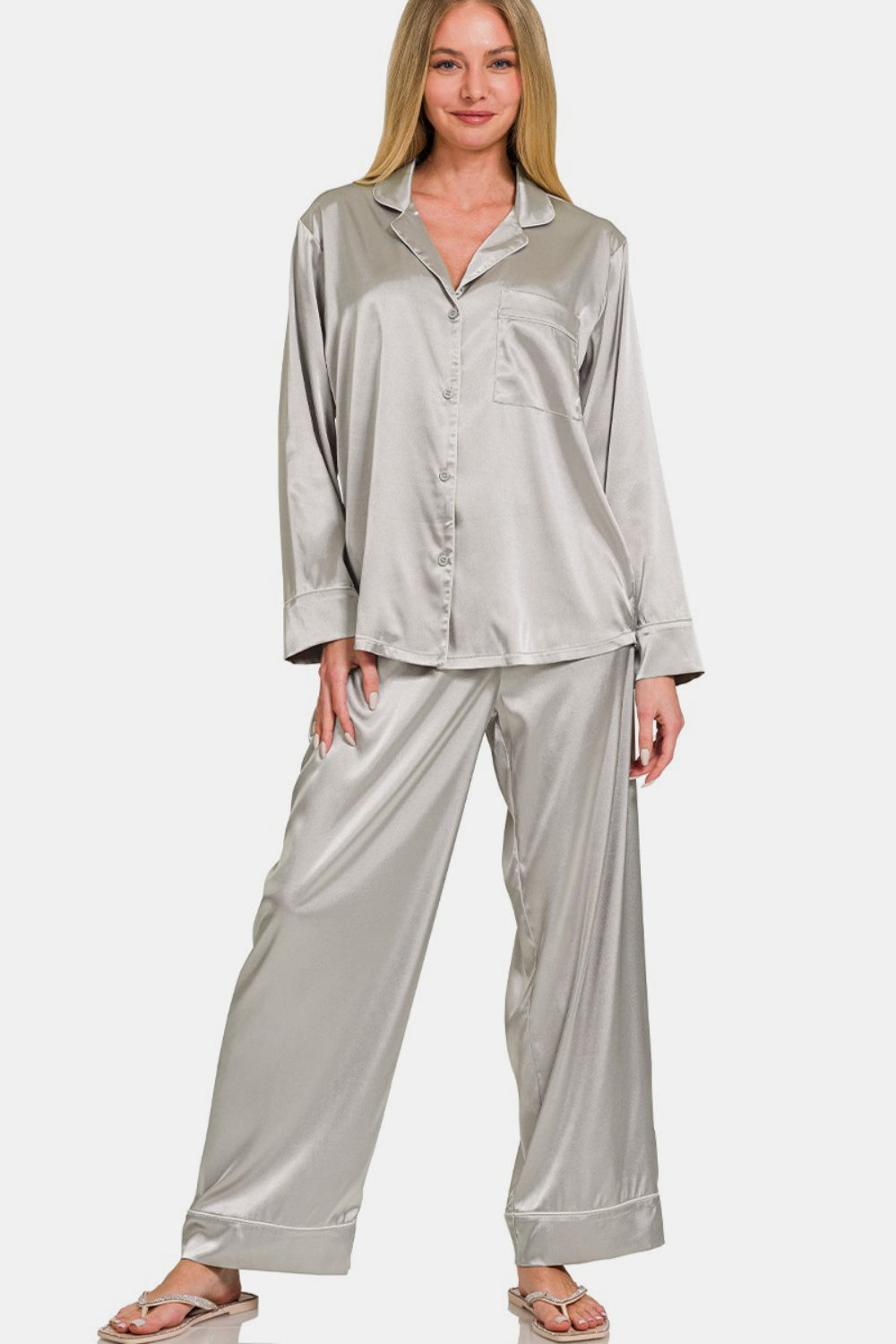 Ensemble pyjama chemise à manches longues et pantalon en satin Zenana