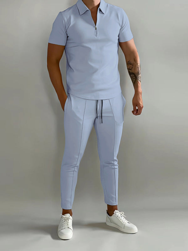 Men's solid color lapel short-sleeved POLO shirt + trousers two-piece suit