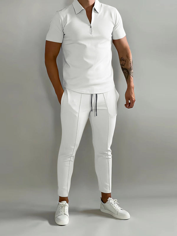 Ensemble deux pièces polo à manches courtes et pantalon pour homme, couleur unie, revers 