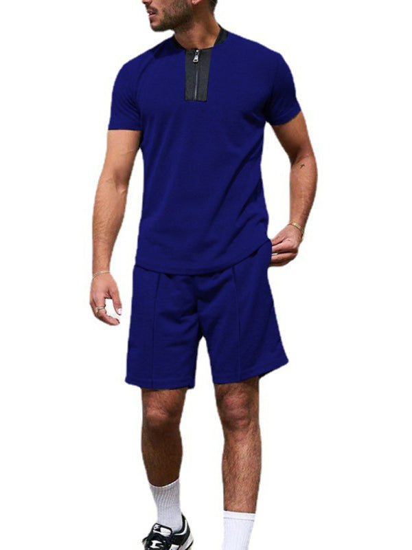 Men's Contrasting Color Waffle V-Neck Zipper T-Shirt + Shorts Casual Suit