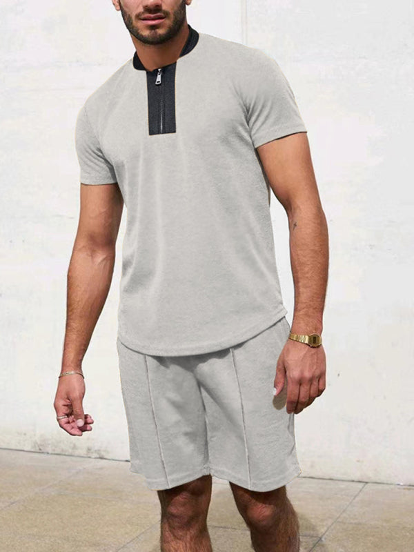 Men's Contrasting Color Waffle V-Neck Zipper T-Shirt + Shorts Casual Suit