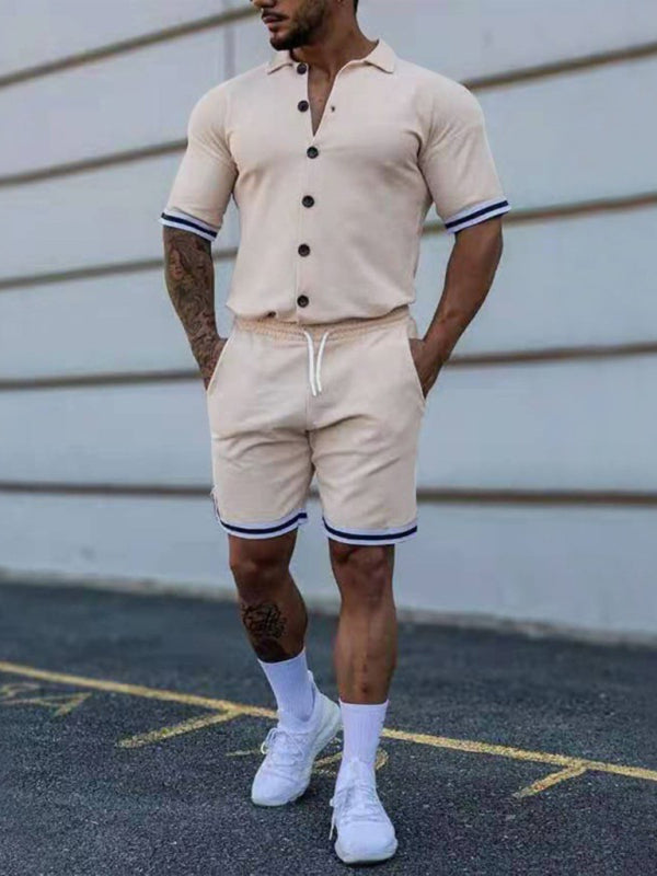 Men's color contrast lapel short-sleeved shirt + shorts two-piece suit