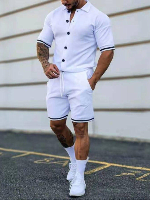 Men's color contrast lapel short-sleeved shirt + shorts two-piece suit