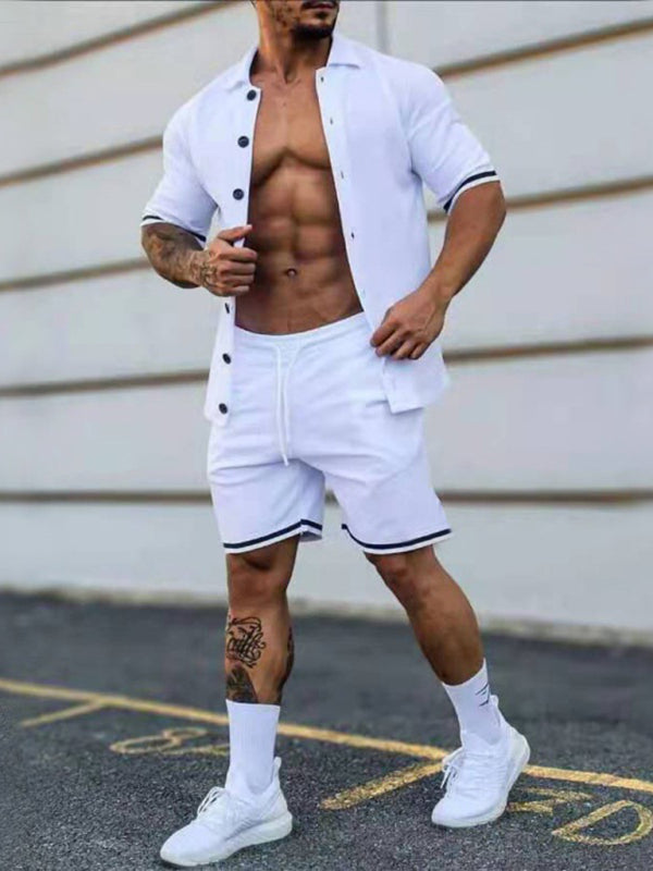 Men's color contrast lapel short-sleeved shirt + shorts two-piece suit