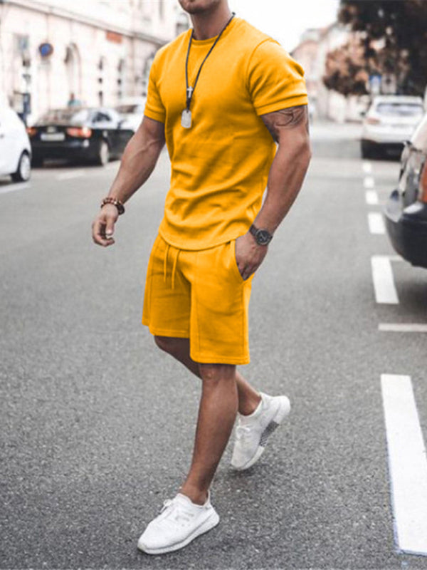 New Men's Casual Solid Color Short Sleeve Shorts Two-Piece Set