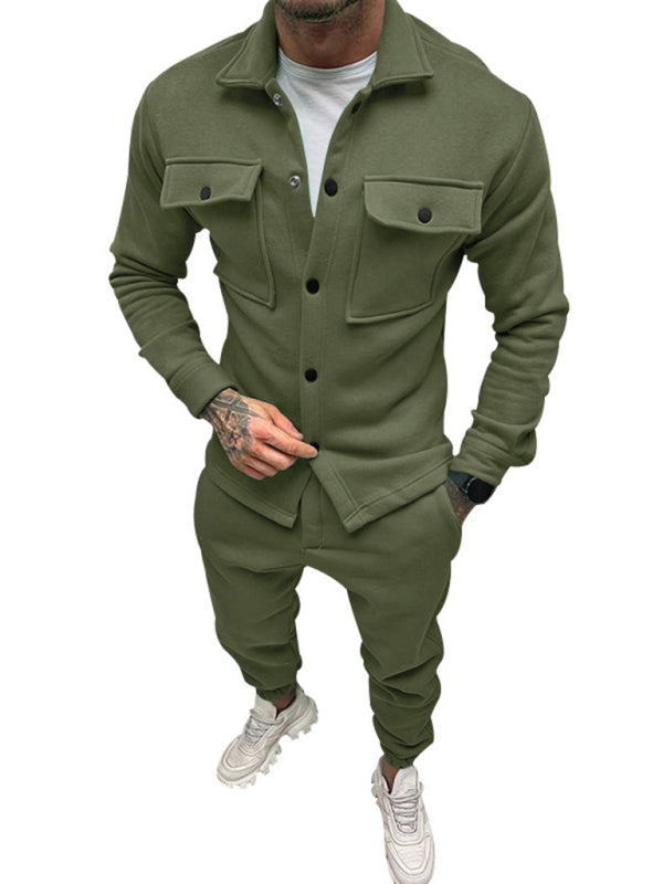 Men's new long-sleeved trousers single-breasted jacket solid color slim two-piece set