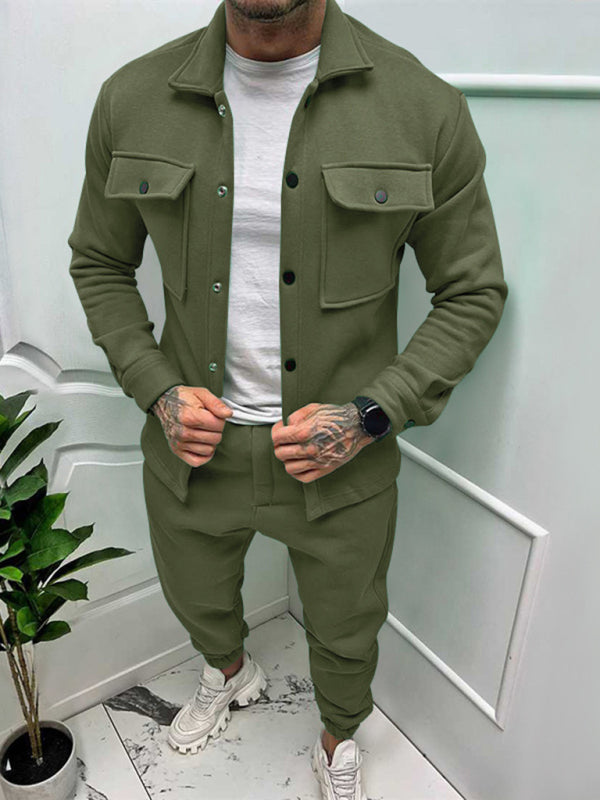 Men's new long-sleeved trousers single-breasted jacket solid color slim two-piece set