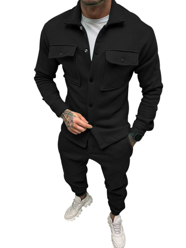 Men's new long-sleeved trousers single-breasted jacket solid color slim two-piece set