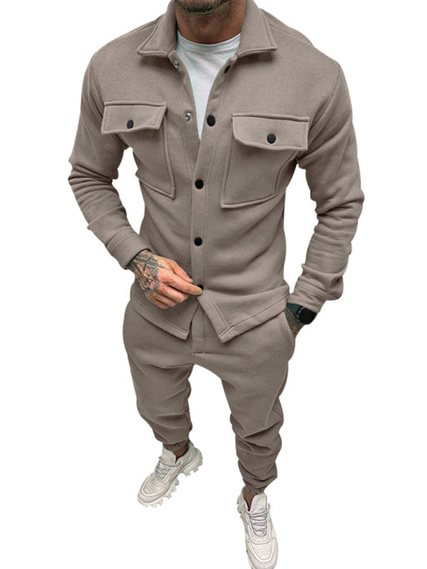 Men's new long-sleeved trousers single-breasted jacket solid color slim two-piece set