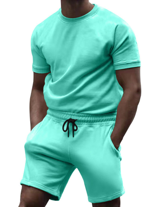 Nuevo traje deportivo informal de manga corta y pantalón corto de color liso para hombre 