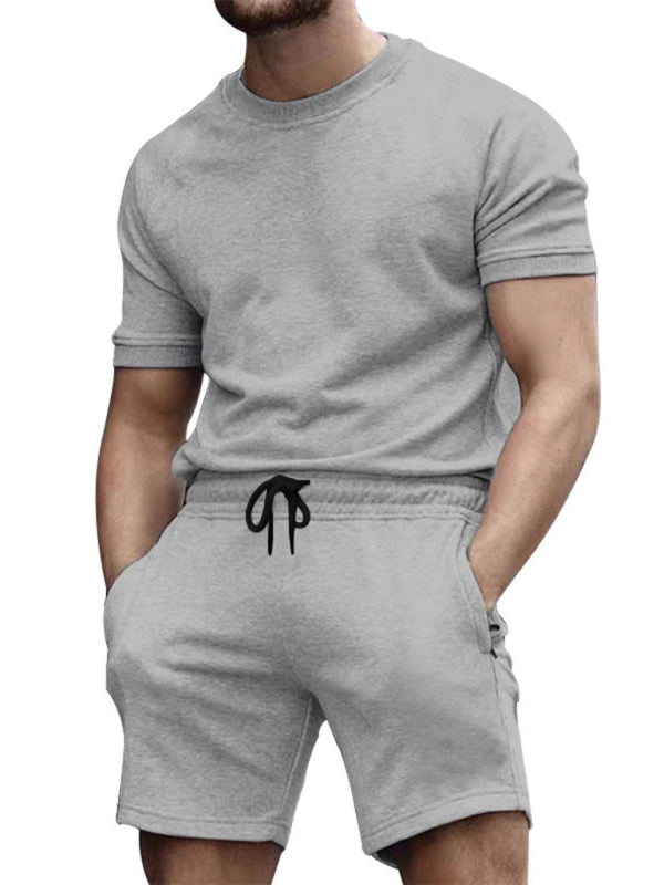 New men's casual fashion solid color short-sleeved T-shirt + quarter pants sports suit